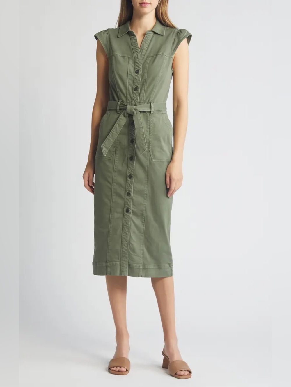 Paige Jaxsyn Cap Sleeve Stretch Twill Midi Shirtdress - Size 6
